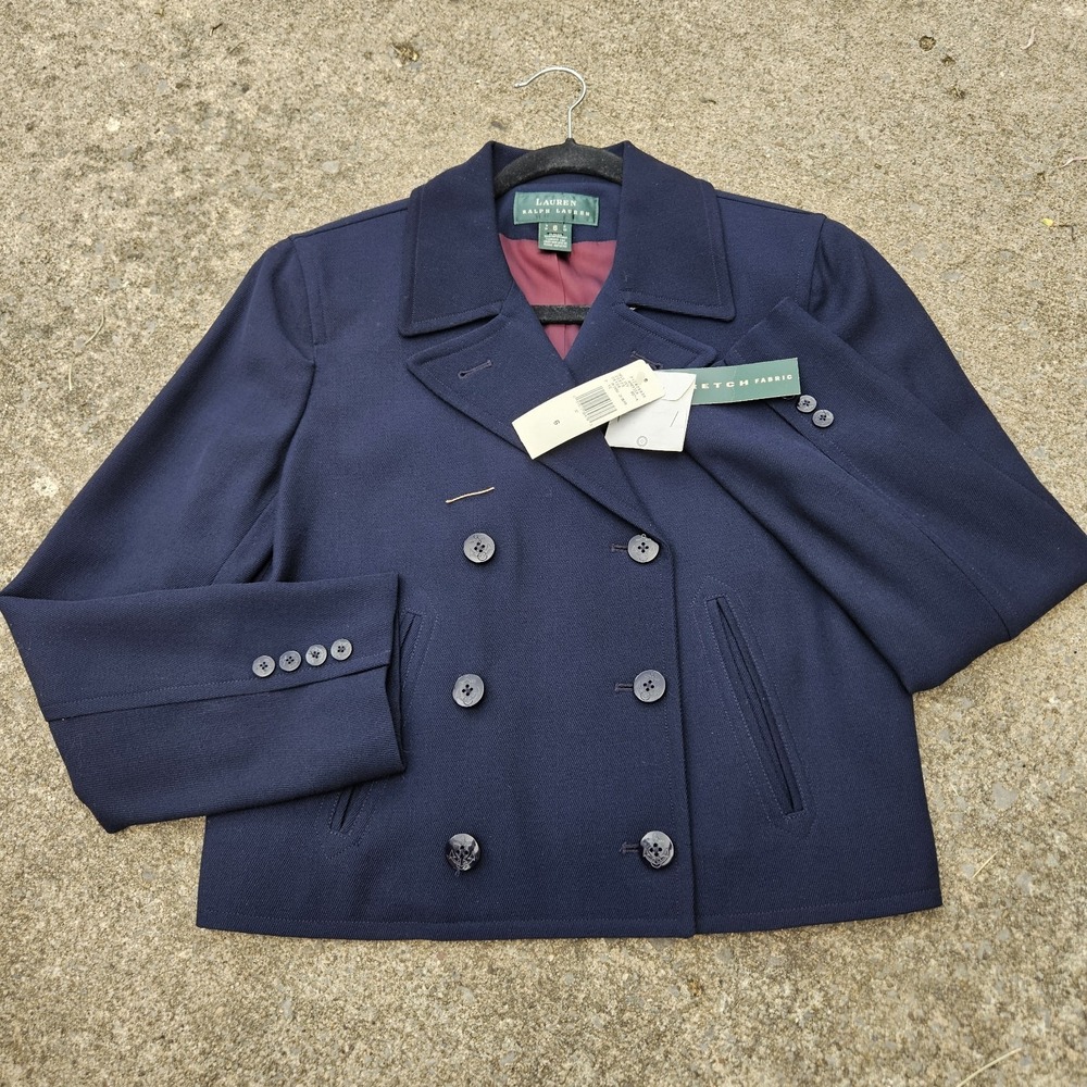 Ralph Lauren Women's Navy Blue Wool Blazer Size 6 Double-Breasted Stretch Button